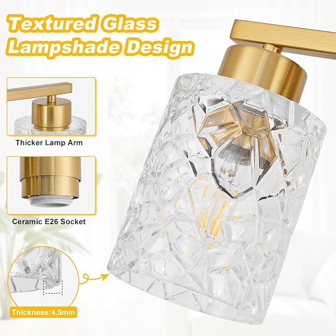 3-Light Bathroom Light Fixtures, Brushed Gold Vanity Lights Over Mirror | Wall Sconces with Clear Textured Glass Shades for Living Room Bedroom Hallway,E26 Base (Bulbs Not Included)
