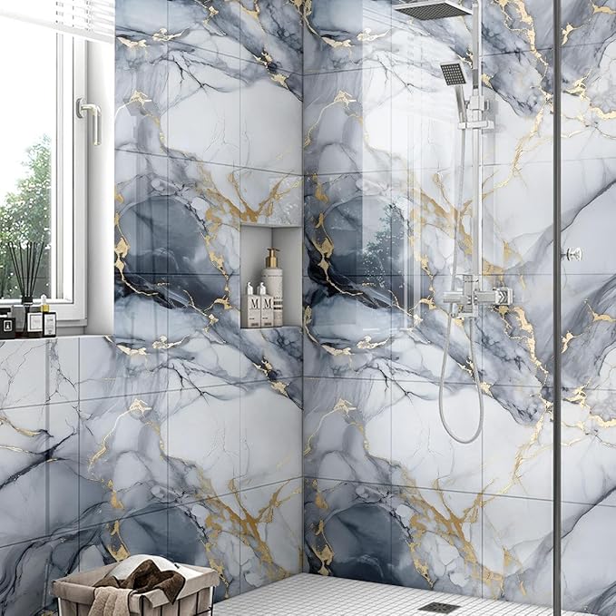 Chejiaye Thick 10pcs Marble Peel and Stick Backsplash Surface Waterproof Wall Panels,Self-Adhesive Marble PVC Foam Wall Panels for Kitchen, Bathroom - 11.8"x11.8" Kitchen Tile(Not Real Tiles,Blue)