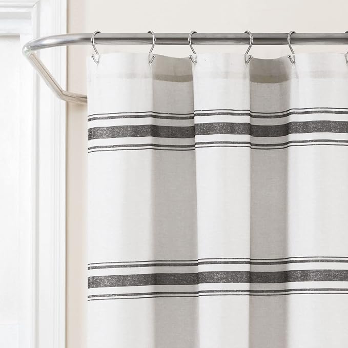 Lush Decor Farmhouse Stripe Cotton Shower Curtain, 72" W x 72" L, Black - Striped Bathroom Curtain - Fabric Shower Curtains - Farmhouse Bathroom Decor
