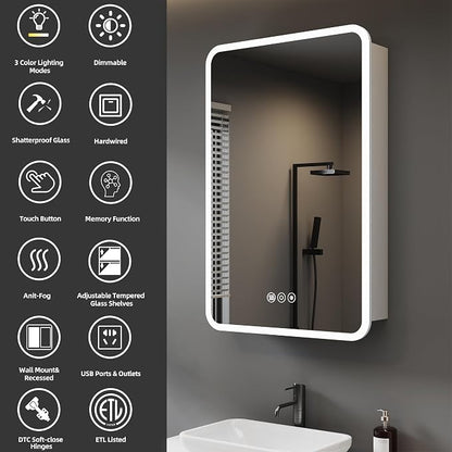 24 x 30 Inch Medicine Cabinet with Mirror and LED Light for Bathroom | Recessed, Wall-Mounted, Dimmable, Anti-Fog, Memory Function, 3 Color Mode, Outlet&USB, Adjustable Shelf, ETL Listed, Aluminum
