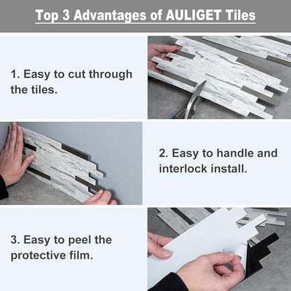 AULIGET 20 Sheets Faux Stone Peel and Stick Backsplash, Beige Marble Look PVC Wall Tiles Stick on Backsplash for Kitchen