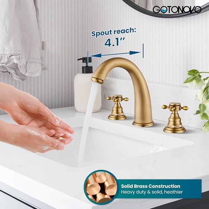 gotonovo Widespread Bathroom Sink Faucet 3 Hole Antique Brass,No Label | Vintage 8’’ Bathroom Faucet,2 Cross Handle,6-16’’ Sink,Vanity,RV,Farmhouse,SUS304,24’’ cUPC Hose,Pop Up Drain,Deck Mount