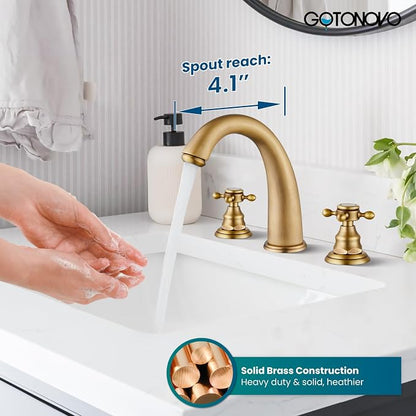 gotonovo Widespread Bathroom Sink Faucet 3 Hole Antique Brass,No Label | Vintage 8’’ Bathroom Faucet,2 Cross Handle,6-16’’ Sink,Vanity,RV,Farmhouse,SUS304,24’’ cUPC Hose,Pop Up Drain,Deck Mount