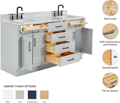 ARIEL Hepburn 66-inch Bathroom Vanity with Sink,Solid Wood, 0.75-inch Italian Carrara Marble Countertop & Backsplash, Double Oval Porcelain Sink, 4 Soft Closing Doors, 6 Dovetail Drawers, Grey