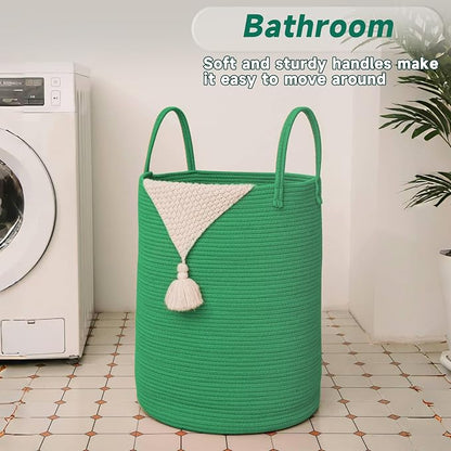 JMvicyroam 80L Cotton Rope Laundry Basket Hamper, Dark Green | Collapsible laundry basket, reinforced handles, freestanding, machine washable, holds 3-5 thick blankets, clothes or toys