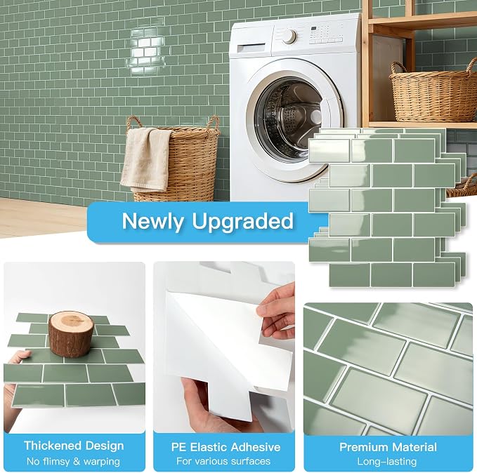 Art3d 10-Pack Subway Tiles Peel and Stick Backsplash, Teal, 12 x 12 Inch | Thickened Design, No Warping, Durable, Self-Adhesive, Sturdy, for Kitchen, Bedroom, Ideal for New Home Buyers, Future Movers