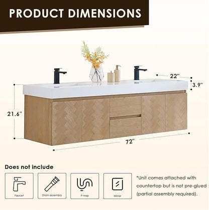 72 Inch Floating Sink Bathroom Vanity Wall Mount Double Vanities Overflow Mordern Large Storge Cabinet with Ceramic Countertop Double Soft Closing Drawers Pre-Assembled