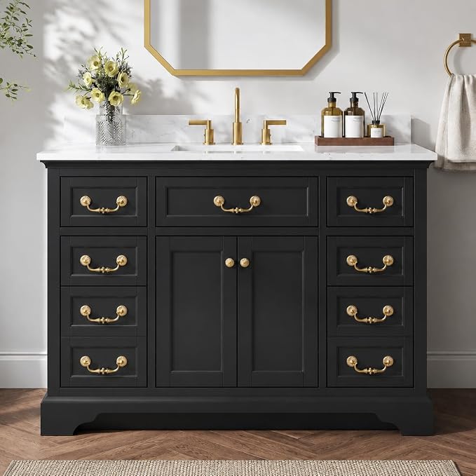 48 Inch Classic Black Bathroom Vanity with Sink, Solid Wood | Pre Assembled, Freestanding Storage Cabinet, Single Ceramic Sink, Engineered Stone Top, Soft Closing Doors, Dovetail Drawers