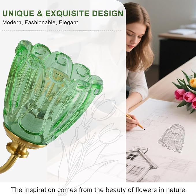 Bathroom Light Fixtures (3-Light), Vintage Brushed Gold Vanity Lights for Bathroom with Green Tulip Crystal Glass Shade, Vanity Wall Light Over Mirror for Bedroom Living Room Hallway