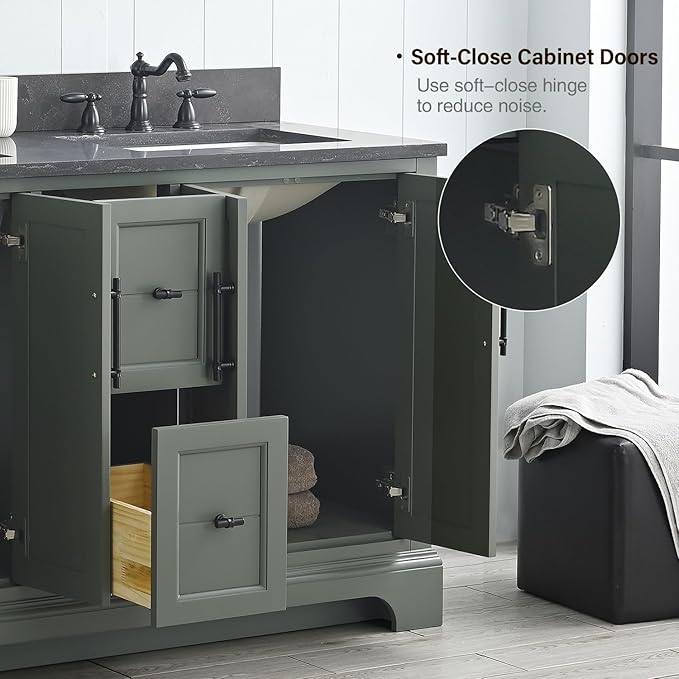 Vanity Art 54 Inch Double Sink Bathroom Vanity with Ceramic Sink and Stone Top | Undermount Rectangular Sink Cabinet Soft Closing Doors, Dovetailed Drawers, No Mirror VA5054-VG