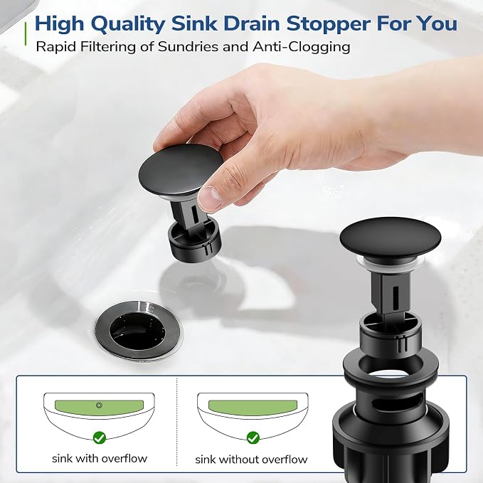 Centerset Bathroom Faucet with Pull Out Sprayer, 4 Inch 2 Handle Sink Faucet with Pop Up Drain, Stainless Steel Vanity Faucet with 2 Supply Hoses, Matte Black