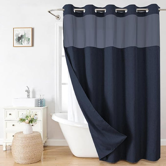 eachope No Hook Fabric Shower Curtain with Snap-in Liner,71x74 Navy Blue | Linen Texture,230GSM Thick Fabric,Hotel Luxury Decor,Mesh Window,Bottom magnetic ,Waterproof & Machine Washable,for Bathroom