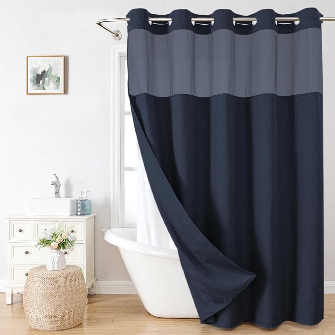 eachope No Hook Fabric Shower Curtain with Snap-in Liner,71x86 Navy Blue | Extra Long,Linen Texture,230GSM Thick Fabric,Mesh Window,Bottom Magnetic,Waterproof & Machine Washable,for Bathroom,Hotel Use