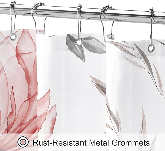 Litabel Red and Grey Boho Watercolor Floral Shower Curtain, Ink Painting Style Blossom & Leaf Shower Curtains for Chic Elegant Bathroom, Artistic Fabric Cloth Flower Shower Curtain, 72x72