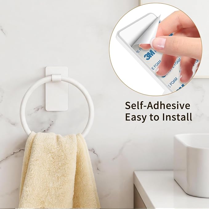 STWWO Hand Towel Holder Adhesive, Round Towel Ring for Bathroom RV, White | for Bath RV Kitchen, Self Adhesive Wall Mounted, No-Drill Stick On Renter Friendly