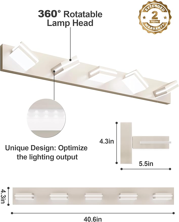 VOLISUN Modern Bathroom Vanity Light Fixtures (5-Light, 40-Inch), 5CCT Dimmable Bathroom Light Fixtures Over Mirror, 360°Rotatable Head, Brushed Nickel LED Vanity Lights for Bathroom-ETL Certificated