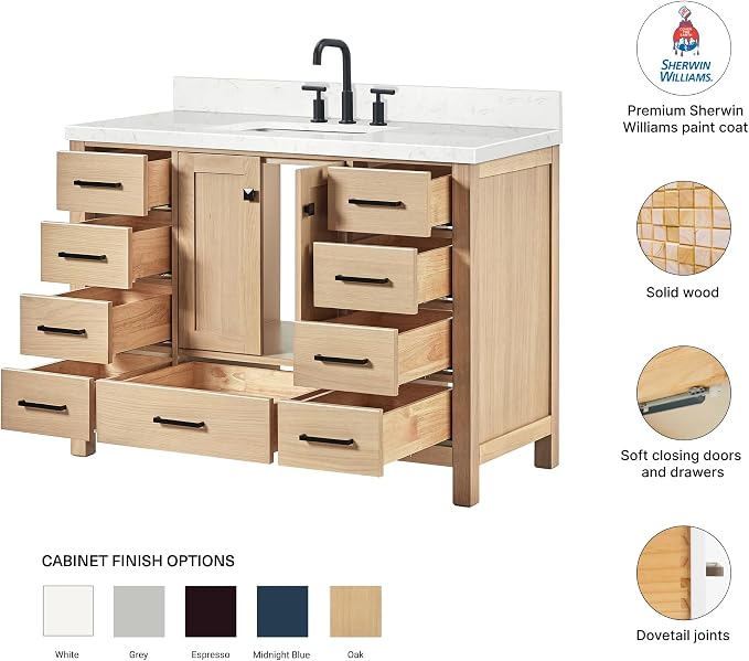 Beckford 48-Inch Oak Bathroom Vanity with Sink, 1.5-Inch Carrara White Quartz Countertop & 4-Inch Backsplash, 2 Soft-Closing Doors, 9 Dovetail Drawers, Matte Black Hardware