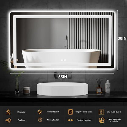 LED Bathroom Mirror with Lights, 30 x 55 Lighted Vanity Wall Mirror | Backlit and Frontlit, Anti-Fog, Dimmable 3 Colors, Shatter-Proof Tempered Glass, Memory Function, Plug-in/Hardwired
