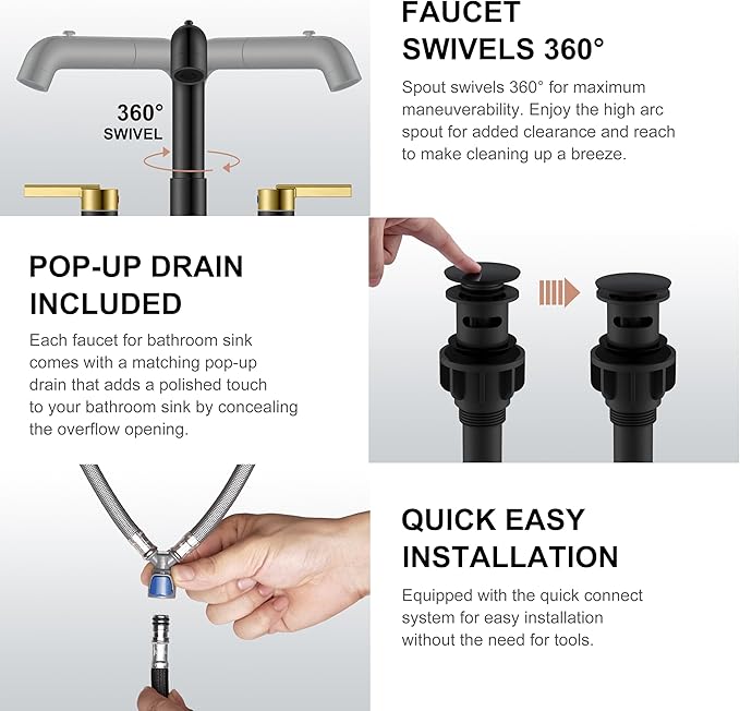 KENES Black and Gold Pull Out Widespread Bathroom Faucet 3 Hole, 8 Inch 2 Handle Bathroom Sink Faucet with Pull Out Sprayer, Vanity Faucet with Pop Up Drain & Supply Lines LJ-9058A-BG