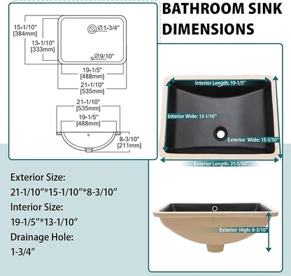 Black Ceramic 22"x15" Undermount Bathroom Lavatory Sink | Rectangle under counter black bathroom vessel sink for bathroom