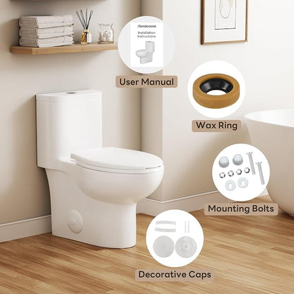 Sonderzone Elongated One Piece Toilet for Bathroom, Modern 17.3" ADA Comfort Height Design, Soft Closing Seat, High Efficiency Dual Flush (1.1/1.6 GPF), 12" Rough-In, MAP 1000g, White Toilet Bowl