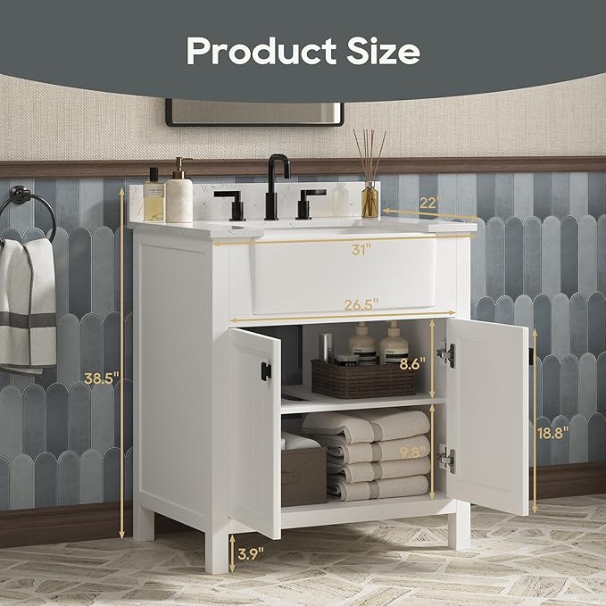 30 Inch Bathroom Vanity with Sink, Farmhouse Bathroom Sink Cabinet with Adjustable Feets, Solid Wooden Frame Single Sink Bathroom Vanity with Soft Closing Doors, Apron Farm Sink, White