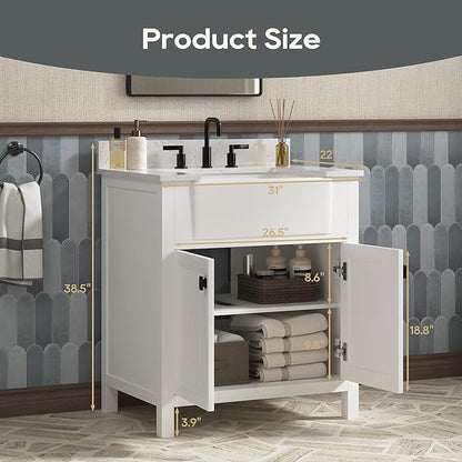 30 Inch Bathroom Vanity with Sink, Farmhouse Bathroom Sink Cabinet with Adjustable Feets, Solid Wooden Frame Single Sink Bathroom Vanity with Soft Closing Doors, Apron Farm Sink, White