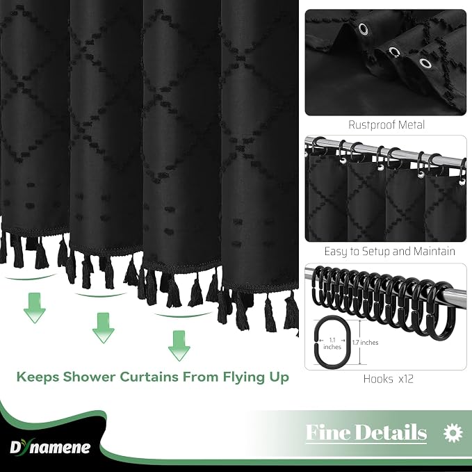 Boho Farmhouse Fabric Shower Curtain Tufted Geometric 72x72 Black | Elegant Tassel, Soft Lightweight Textured Cloth, Water Repellent, Washable, Hotel Spa, for Bathroom/Dorm/Apartment 12 Hooks