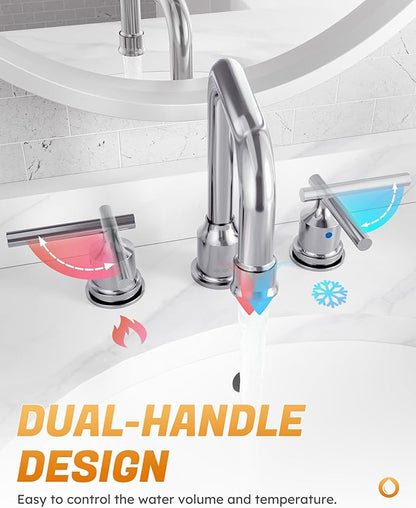 WOWOW Widespread Bathroom Faucet Chrome 8 inch Bathroom Sink Faucet Adjustable 3 Pieces Basin Faucets 360° Swivel Spout Modern Lavatory Faucet Vanity Faucets Water Supply Lines Quick Install Pipe