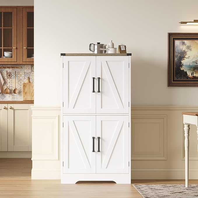 Treocho Farmhouse Bathroom Floor Cabinet with Adjustable Shelves | 11.81"D x 23.62"W x 43.46"H, Freestanding Kitchen Pantry Cabinet, Cupboard for Living Room, Dining Room, White
