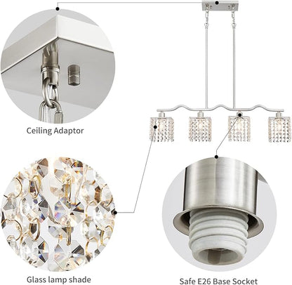 WUZUPS Crystal Chandelier 4-Light Linear Raindrop Pendant Ceiling Light Modern Lighting Fixture for Bedroom Dinning Room Bar Kitchen Island, H8.7'' W4.7'' L30.5, E12 Base, Nickel