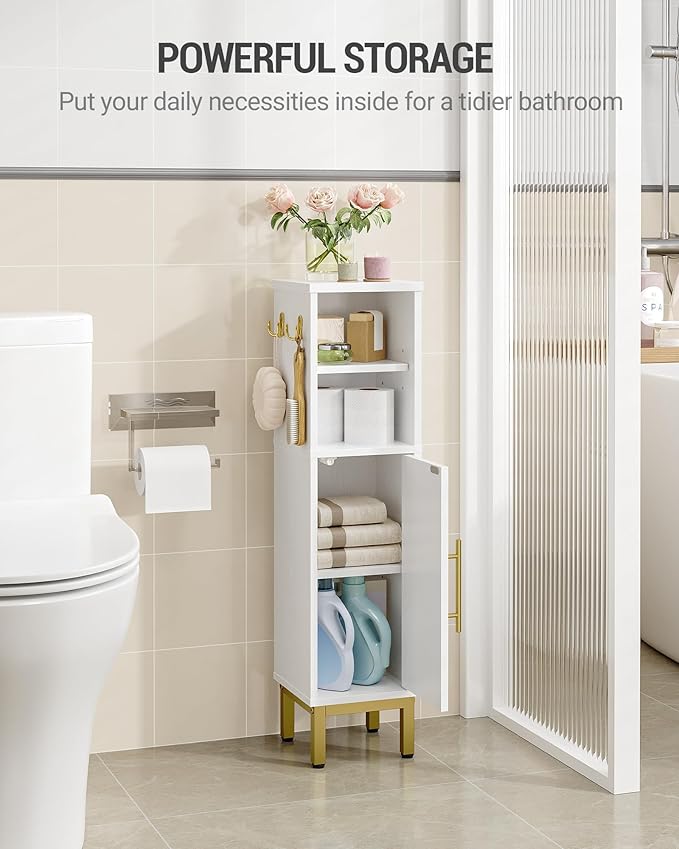 Bathroom Storage Cabinet, Corner Floor Cabinet with Door & Shelves, 2Hooks, Small Narrow Storage Organizer, Toilet Paper Cabinets for Small Space, White SC16313G