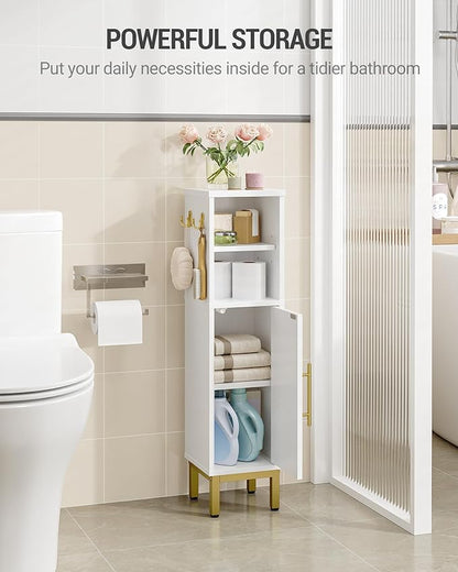 Bathroom Storage Cabinet, Corner Floor Cabinet with Door & Shelves, 2Hooks, Small Narrow Storage Organizer, Toilet Paper Cabinets for Small Space, White SC16313G