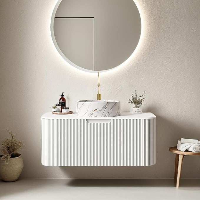 36" Floating Bathroom Vanity with Sink, Modern Bathroom Cabinet with Ultra-Thin Ceramic Basin and Marble Top, Large Storage Drawer, Soft-Close Design, White