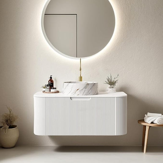 36" Floating Bathroom Vanity with Sink, Modern Bathroom Cabinet with Ultra-Thin Ceramic Basin and Marble Top, Large Storage Drawer, Soft-Close Design, White