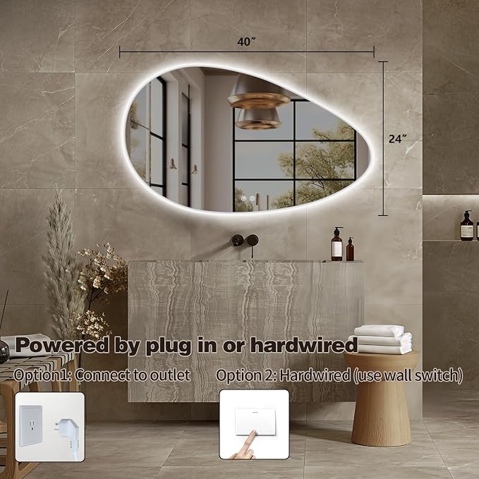 Niccy Irregular LED Bathroom Mirror with Lights, 24"x40" Asymmetrical Backlit-Mirror for Wall Mounted, Bathroom Vanity Mirrors with Memory, Dimmable, 3 Colors, Anti-Fog, IP65 Waterproof