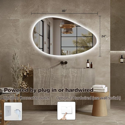 Niccy Irregular LED Bathroom Mirror with Lights, 24"x40" Asymmetrical Backlit-Mirror for Wall Mounted, Bathroom Vanity Mirrors with Memory, Dimmable, 3 Colors, Anti-Fog, IP65 Waterproof