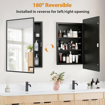 Recessed Medicine Cabinet with Mirror 20x26 inch, Mirrored Medicine Cabinets for Bathroom, Black Bathroom Mirror with Storage, Metal Medicine Cabinet with Mirror, 2 Adjustable Metal Shelves