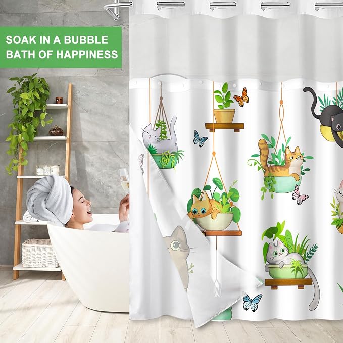 No Hook Shower Curtain Snap in Liner with 2 Replaceable Curtain Panels Pattern Waterproof Fabric Washable Shower Curtain Set for Bathroom Bathtub, Hotel Style with See Through Mesh Top Window 71 x 74"