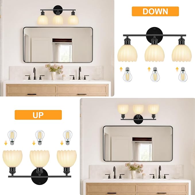 Bathroom Light Fixtures, 3-Light Brushed Black Vanity Lights for Bathroom with White Tulip Glass Shade, 20" Vintage Bathroom Vanity Lighting Fixtures Over Mirror for Bedroom Living Room Hallway