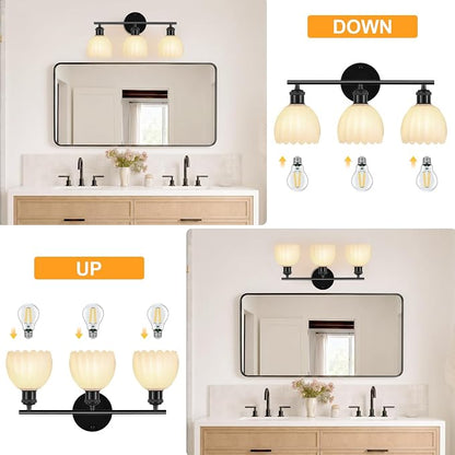 Bathroom Light Fixtures, 3-Light Brushed Black Vanity Lights for Bathroom with White Tulip Glass Shade, 20" Vintage Bathroom Vanity Lighting Fixtures Over Mirror for Bedroom Living Room Hallway