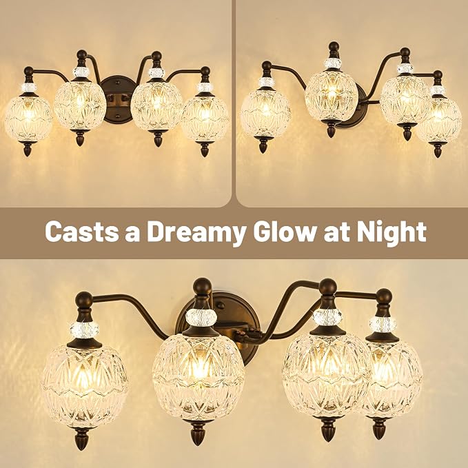 Vintage Bathroom Vanity Light, 4-Light Mid Century Oil Rubbed Bronze Finish Wall Sconce with Globe Glass Shades, Retro Mirror Light for Bathroom, Powder Room