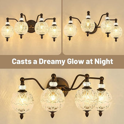 Vintage Bathroom Vanity Light, 4-Light Mid Century Oil Rubbed Bronze Finish Wall Sconce with Globe Glass Shades, Retro Mirror Light for Bathroom, Powder Room