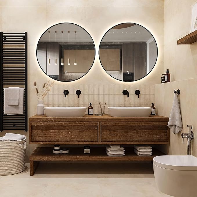 Niccy Round LED Bathroom Mirrors, Black Framed Backlit Vanity Mirror, 24" | LED Smart Circle Mirror with 3 Color Lighting, Anti-Fog Lighted, IP65 Waterproof, Wall Mounted Bathroom Vanity