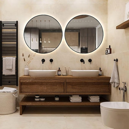 Niccy Round LED Bathroom Mirrors, Black Framed Backlit Vanity Mirror, 32" | LED Smart Circle Mirror with 3 Color Lighting, Anti-Fog Lighted, IP65 Waterproof, Wall Mounted Bathroom Vanity