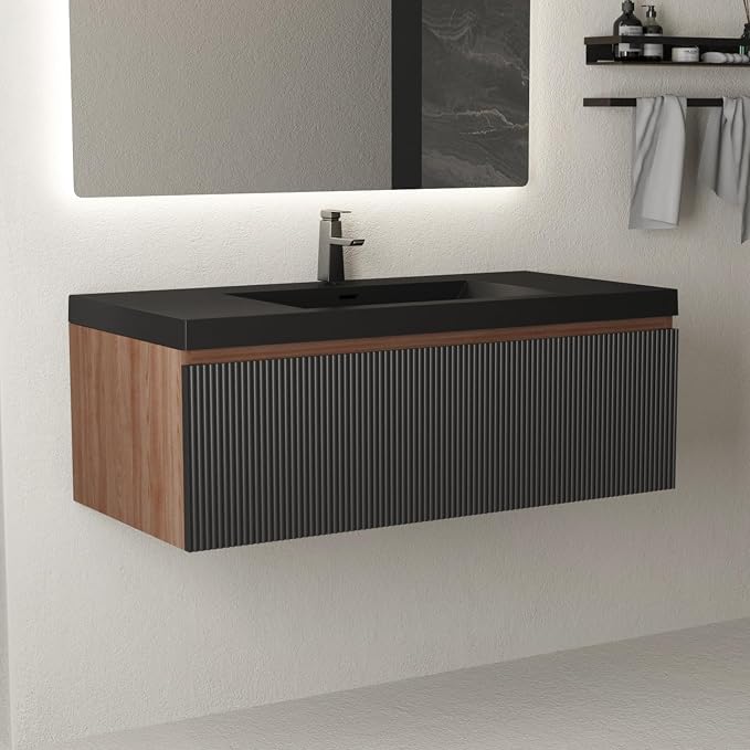 42 Inch Floating Bathroom Vanity with Sink, Wall Mounted Striped Storage Cabinet, Soft Close Drawer, Black Quartz Sand Basin, Fully Assembled, Smoked Walnut Finish