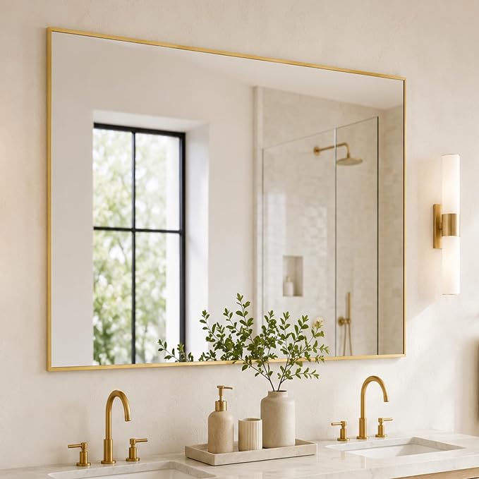 48"x36" Brushed Gold Large Framed Bathroom Vanity Wall Mirror | Large Vanity Wall Mirror, Slim Metal Frame, Dresser or Sideboard Use, Vertical/Horizontal Mount, Tempered Glass