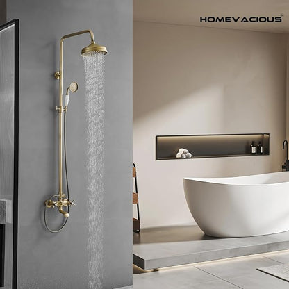 Homevacious Antique Brass Outdoor Shower Kit Exposed Shower | 8 Inch High Pressure Rain Shower Head with Hand Spray Bathroom Shower Faucet System Double Knobs Cross Handle 3-function