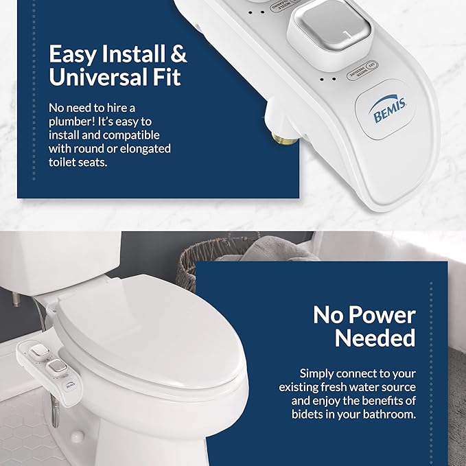Bemis WS100 000 Wellspring Bidet Attachment, Fresh Water Spray, Non Electric, Easy to Install, White Toilet Seat, Fits