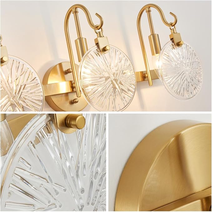WUZUPS 3-Light Bathroom Light Fixture Over Mirror Morden Vanity Wall Sconces Clear Glass Shade for Bedroom Living Room, E12 Base, Brass Gold